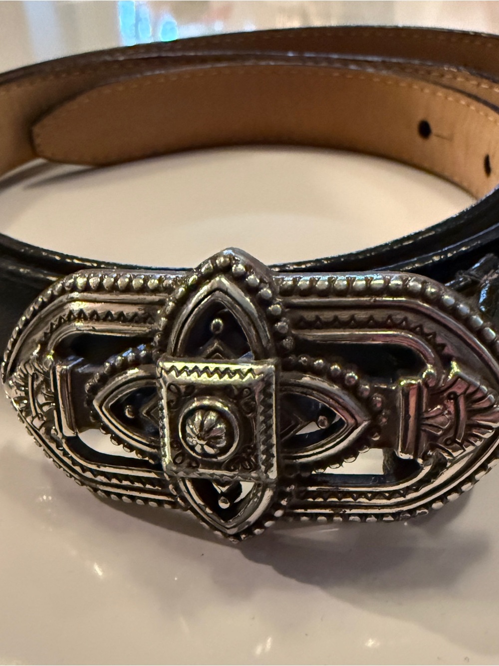 Brighton Black Leather Belt with Ornate Silver Buckle Size 34/L